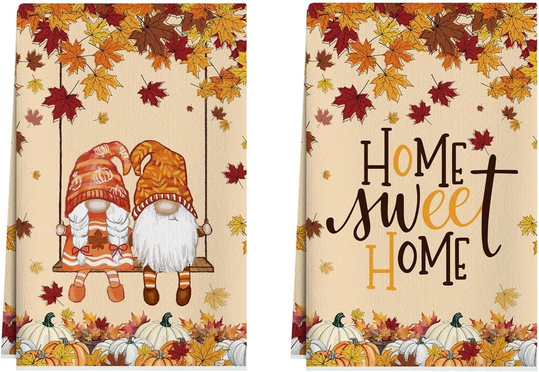 XCHI Fall Pumpkin Gnome Maple Leaves Dish Towels 18x26 Inch Hand Kitchen Towels Dishcloth Sweet Home Decorations Set of 2