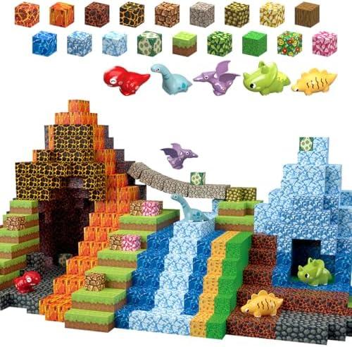 MEDMHSMA 205Pcs Dinosaur Toys Magnetic Blocks Build 3D Dinosaur World Jurassic Scenes, 1" Magnetic Building Blocks Magnet Cubes Tiles for Toddler Boys Girls 3+, STEM Sensory Building Toys Games