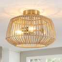 3-Light Rattan Semi Flush Mount Ceiling Light, 14.1"Hand Woven Natural Rattan Cage Light Fixture, Farmhouse Gold Ceiling Lamp for Bedroom, Hallway, Kitchen, Living Room,Dining Room, Entryway E12 Base