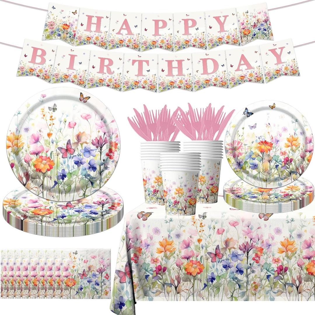 Wildflower Baby Shower Decorations,142Pcs Wildflower Baby in Bloom Plates and Napkins,Tablecloth,Cup Butterfly Floral Theme Table Decorations for Bridal Shower Birthday Party