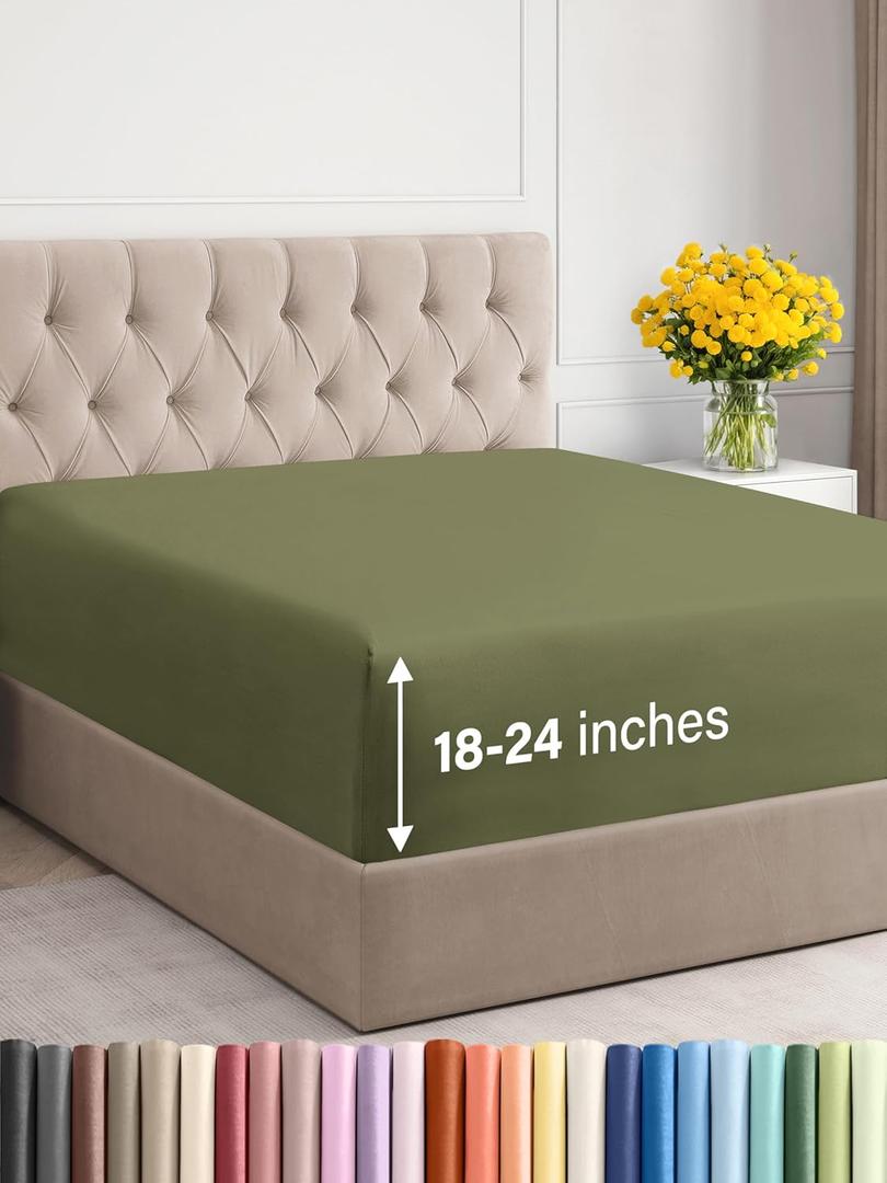Extra Deep Twin XL Fitted Sheet - Hotel Luxury Single Fitted Sheet Only - Easily Fits 18 inch to 24 inch Mattress - Ultra Soft, Wrinkle Free with Extra Deep Pockets - Breathable & Comfy - Sage Green