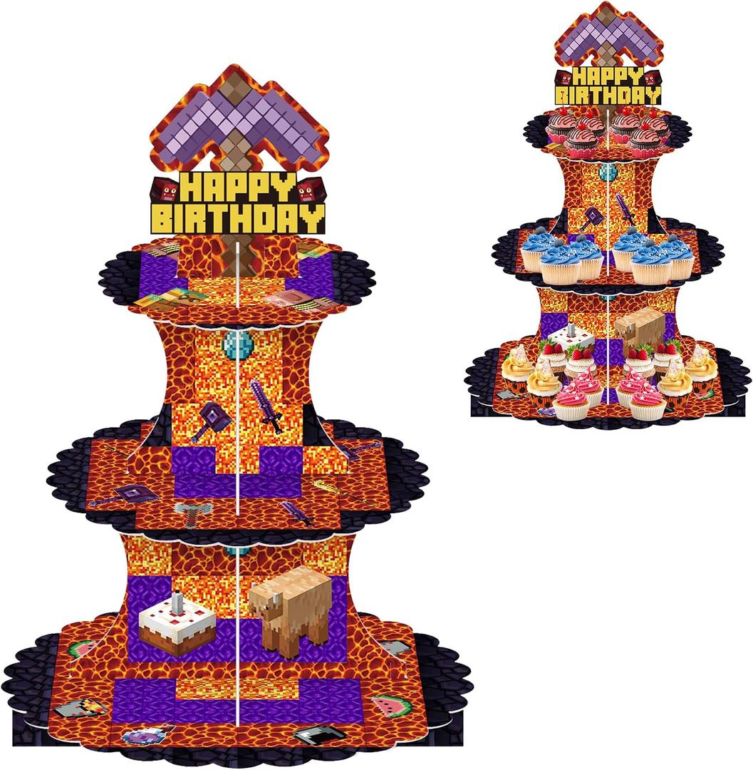 2 x Video Game Pixel Cupcake Stand (1 Pcs,3-Tiers) Game Theme Birthday Party Supplies Favors Decorations for Cardboard Cupcake Holder Round Serving Tray Stand Dessert Tower