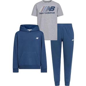 New Balance 3Pc Sweatsuit for Boys & Toddlers - Pullover Hoodie, T-Shirt, Jogger, Kids Soft Cotton Blend Fleece (2T-12) (Black)