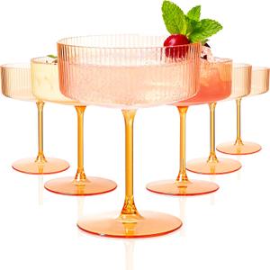 Ciaell 12PCS Plastic Ribbed Martini Glasses - 10 Oz Amber Disposable Coupe Glasses with Stem - Heavy Duty Margarita Cups for Bars, Cocktails, Whiskey, Parties & Wedding