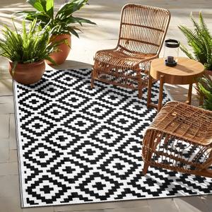 OLANLY Waterproof Outdoor Rug 6x9 ft, Outdoor Plastic Straw Rug for Camping, RV Mat Outside, Indoor Outdoor Carpet for Porch, Deck, Backyard, Balcony, Picnic, Black & White