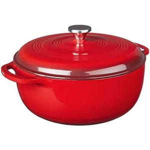 Lodge 7.5 Quart Enameled Cast Iron Dutch Oven with Lid – Dual Handles – Oven Safe up to 500° F or on Stovetop - Use to Marinate, Cook, Bake, Refrigerate and Serve – Island Spice Red