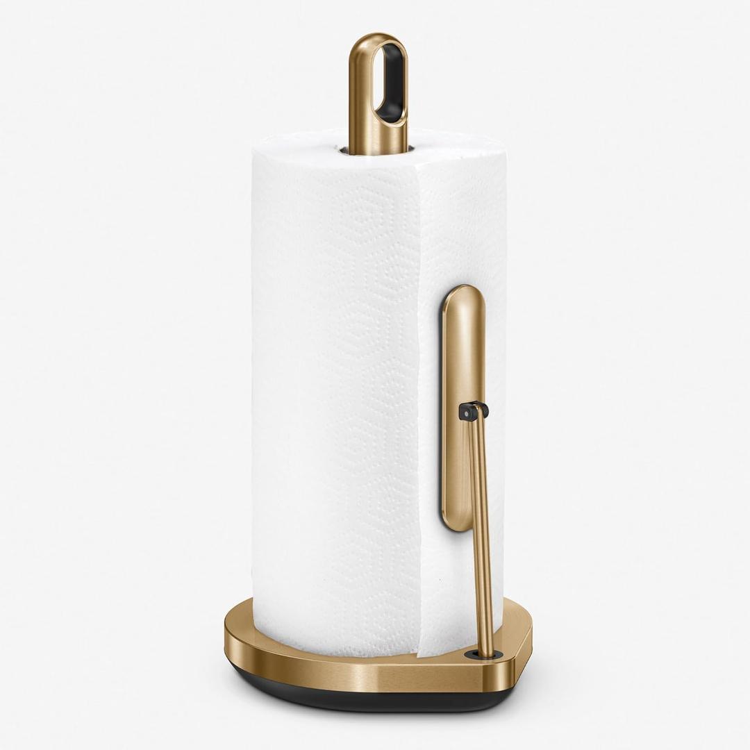 simplehuman Tension Arm Standing Paper Towel Holder, Heavy-Duty, Easy One-Handed Tear, Kitchen Countertop, Brass Stainless Steel