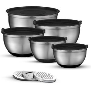 Belwares Mixing Bowls with Airtight Lids - 8PCS Stainless Steel Nesting Mixing Bowls Set Non-Slip with 3 Grater Attachments, Kitchen Bowls, Sizes 5, 4, 3.5, 2, 1.5QT for Baking & Food Prep (Black)