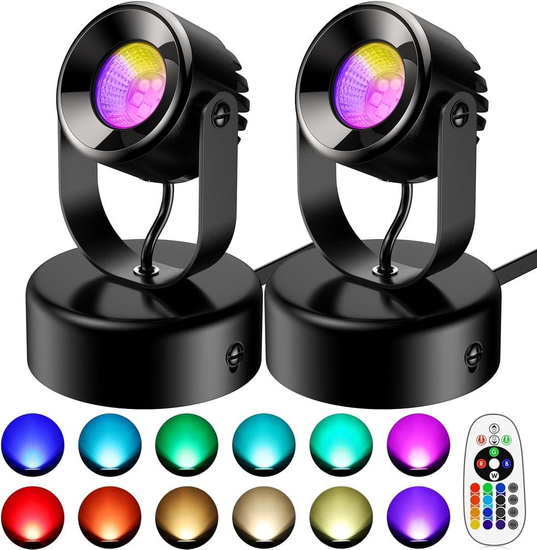 7W RGBW Spot Lights Indoor,Up Lights Indoor LED Color Changing Up Lights Indoor with Remote Dimmable Function Memory Feature LED Ambient Lighting for Party,Bar,Esports Room, 5.9 FT Power Cord, 2 Pack