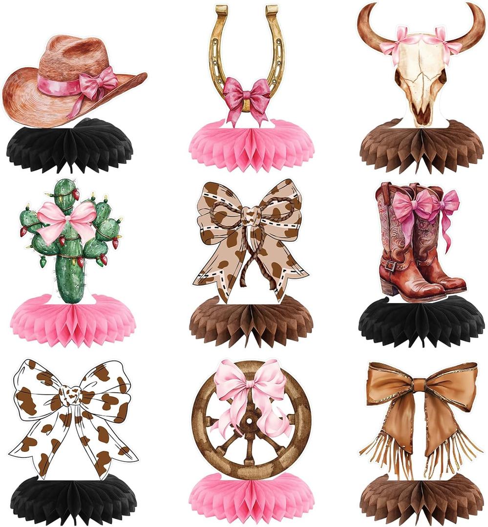 9 Pcs Cowgirl Party Decorations for Table Boots or Bows Western Pink Cowgirl Honeycomb Centerpieces Coquette Rodeo Western Decor for Baby Shower Bachelorette Birthday