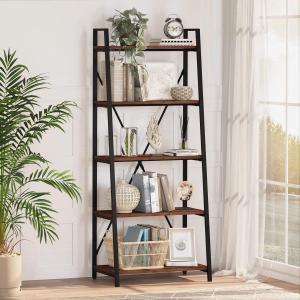 BON AUGURE Ladder Shelf Bookcase, 5-Tier Industrial Ladder Bookshelf, Tall Living Room Shelves, Wood and Metal Leaning Shelf for Home Office, Kitchen, Bedroom, Balcony (Rustic Oak)