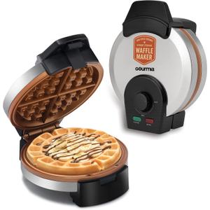 Gourmia Belgian Waffle Maker  Compact Design with Upright Storage, Adjustable Browning, and Easy-Clean Nonstick Ceramic Plates, Stainless Steel