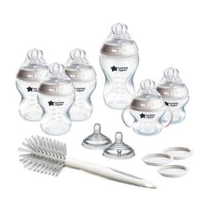 Tommee Tippee Natural Start 12 Piece BPA Free Bottle Set, Includes 2 x 5 oz, 3 x 9 oz, 1 x 11 oz Bottles, Newborn 0+ Months, Slow, Medium & Thicker Flow Breast-Like Nipples, Cleaning Brush, Clear (Neutral)