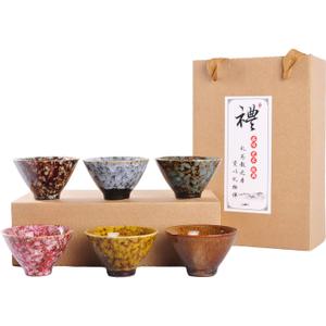 WHJY Ceramic, Japanese Sake Cups, Traditional Chinese Kung Fu Tea cups set Kiln Change Glazed. set of 6, 60ml/2oz