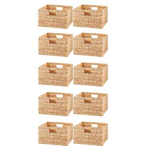 Jinei 10 Pcs Wicker Storage Basket Bulk 13 x 13 x 8 Inch Handwoven Water Hyacinth Cube Bin with Handles Woven Laundry for Organizer Shelves Wood Color