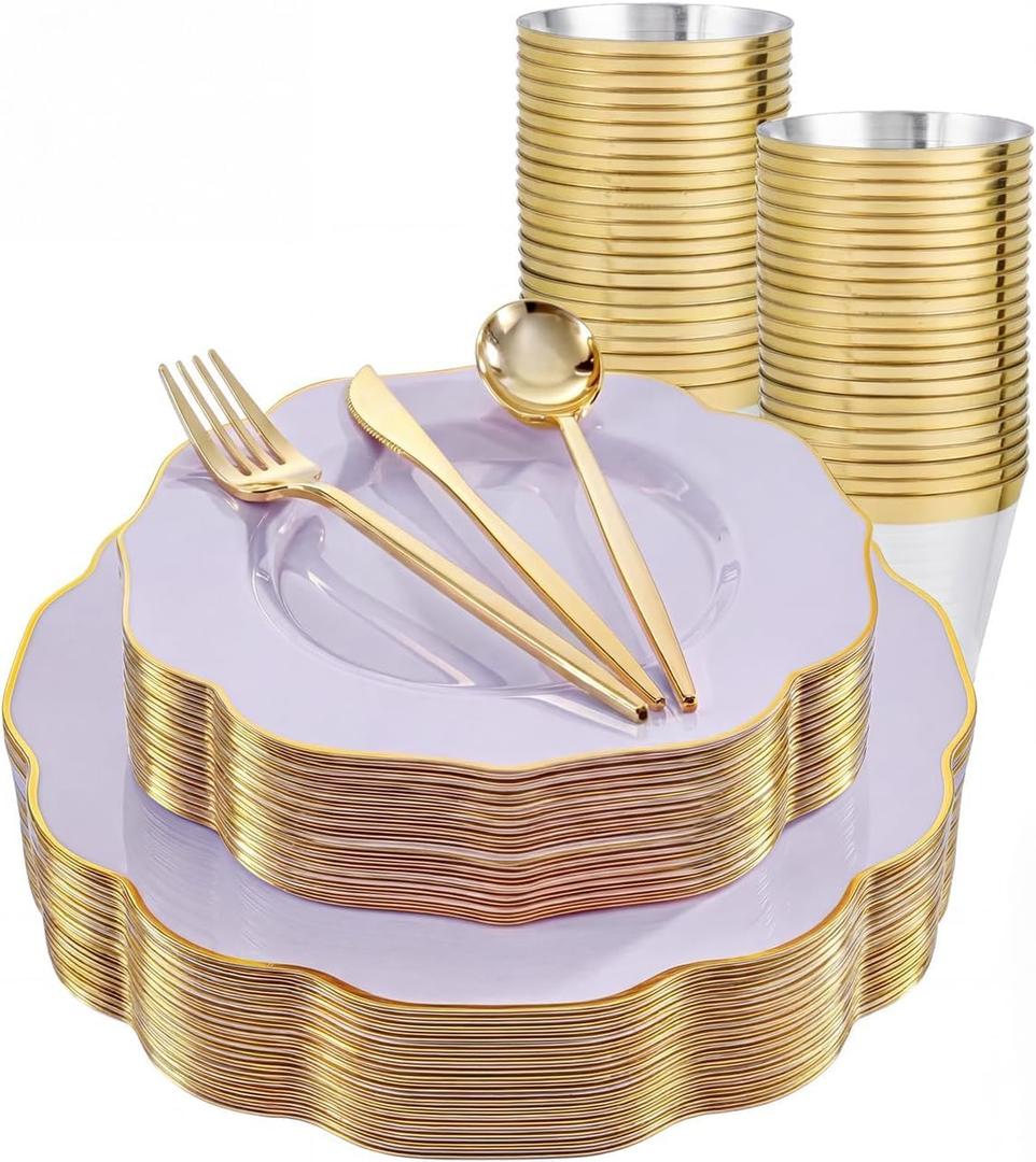 bUCLA 180PCS Purple Plastic Plates - Disposable Purple with Gold Rim, Include 30 Each (Dinner & Salad) Plates, 30 Knives, 30 Forks, 30 Spoons, 30Cups for Party, Shower & Birthday