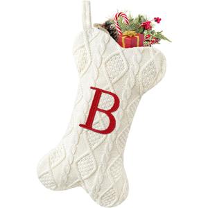 Malier Dog Christmas Stocking with Initials, Letter A Embroidered Knit Christmas Stocking for Dogs, White Large Bone Shape Xmas Pet Stockings Hanging Stocking for Dogs Cats Pets (White, Letter-B)