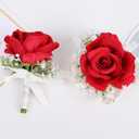 MAFELOE 2 Pieces Party Prom Homecoming Artificial Rose Wrist Corsage and Boutonniere Set, Groom Groomsmen Bride Bridesmaids Wedding Simulation Flowers Accessories Suit Decorations - Red