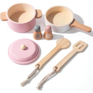 Premium Toddler Play Kitchen Toys, Wooden Kitchen Utensils, Accessories for Pretend Play Kitchen Set, Montessori Learning Toy, Pretend Cooking Playset, Gift for 3+ (Pink), child-size