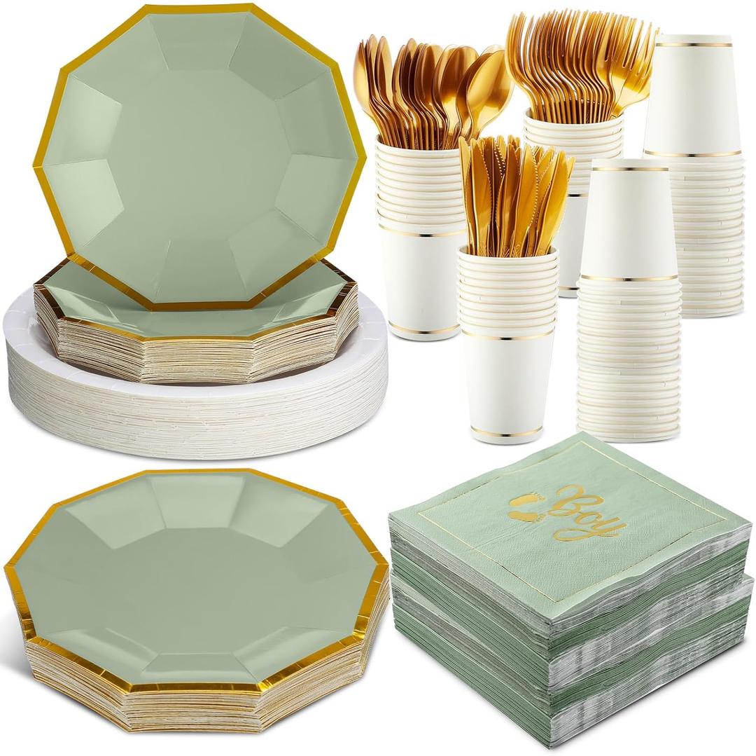 Yungyan 400 Pcs Baby Shower Dinnerware for 50 Guest Baby Shower Paper Plate Napkin Set Gender Reveal Plate Napkins Cup Footprint Disposable Knives Fork Spoon Gender Reveal (Green, Baby Boy)