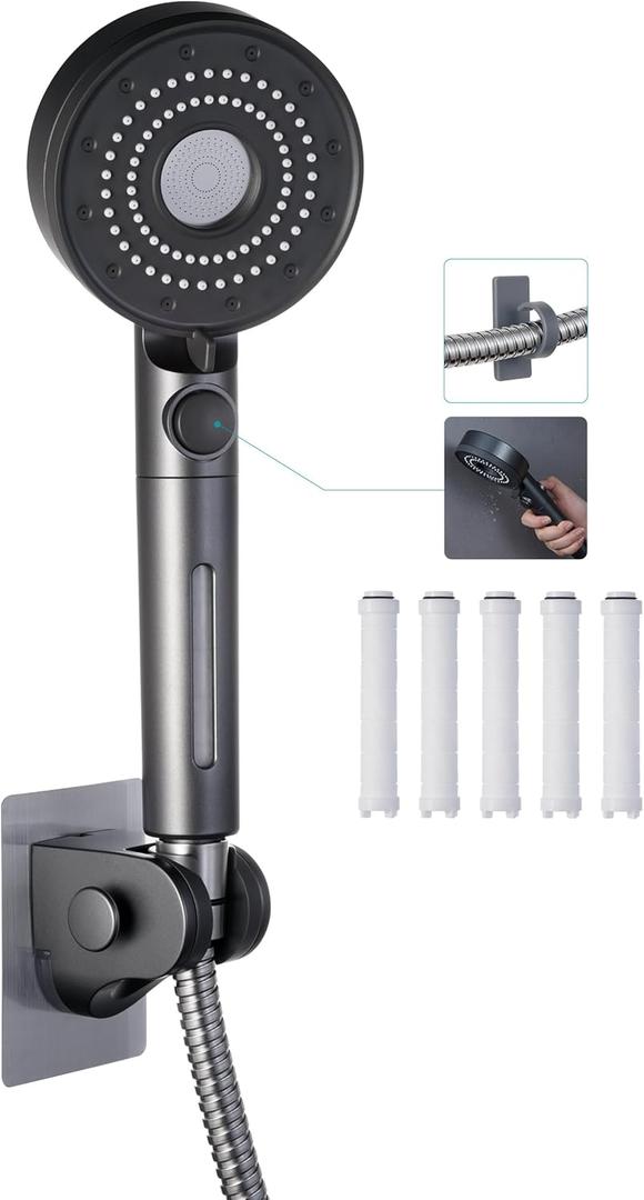 Umyder RV Handheld Shower Head with Hose and Cotton Filter,5 Mode Spray High Pressure Shower Head with On/Off Switch for Water Saving,No Drilling Wall Mount Shower Holder and Adhesive Hose Guide Ring