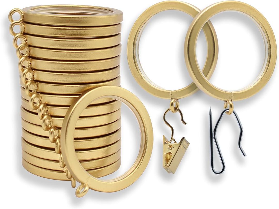 BlastHome Luxury Curtain Rings  Premium Metal with Quiet, Smooth Nylon Inserts  Pinhooks and Clips Included  1 1/2" Inside Diameter  18 Rings for Two Standard Curtains  Brushed Gold