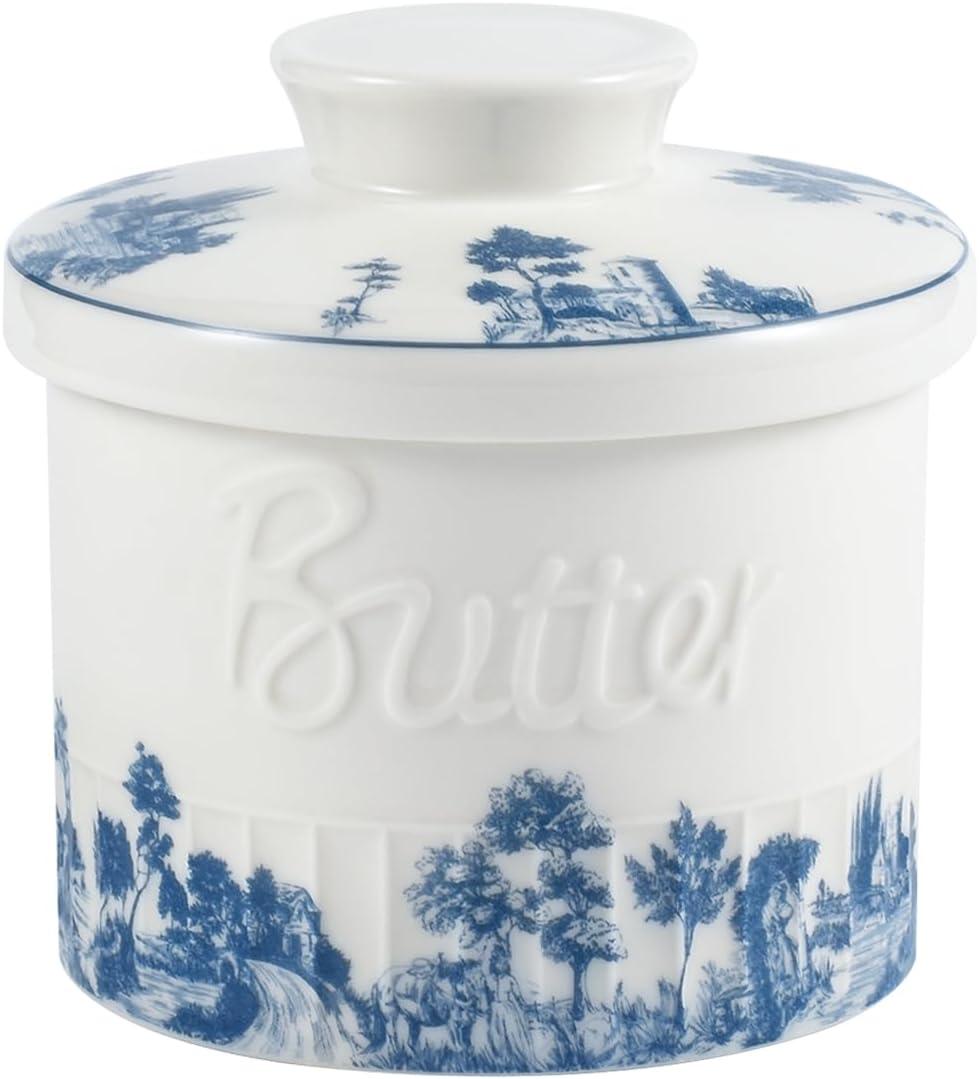 Butter Crock with Water Line, Ceramic Butter French Keeper Dish with Lid for Fresh Spreadable Butter (Forest Blue)