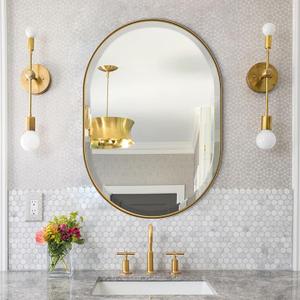 POZINO Gold Oval Mirror, Brass Beveled Mirrors, 22"x30" Premium Stainless Steel Frame Mirror, Rounded Vanity Wall Mirror for Bathroom Bedroom Living Room, Wall Mount Hangs Horizontal Or Vertical