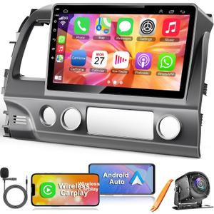 4G+64G Car Radio for Honda Civic 2006-2011 with Wireless Carpaly & Android Auto,10.1 Inch IPS Touch Screen Car Stereo with GPS Navigation/Bluetooth 5.2/FM/Backup Camera/WiFi/SWC/HiFi