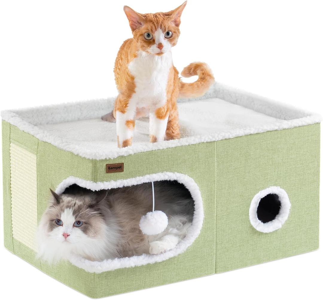 Garnpet Cat Bed for Indoor Cats Cube House, Covered Cat Cave Beds & Furniture with Scratch Pad and Hideaway Tent, Cute Modern Cat Condo for Multi Small Pet Large Kitten Kitty, Large, Green (23.6"D x 16.5"W x 13"H)
