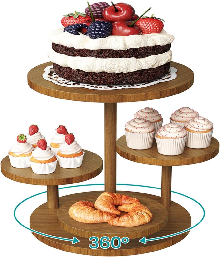 4 Tier Wood Round Cupcake Tower Stand for 50 Cupcakes, Rotatable Cake Stands with Tiered Tray, Solid Wood Dessert Display Platter for Party Birthday Graduation Baby Shower Wedding