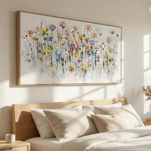 Tucai Decor Framed Wildflower Wall Art Canvas Print Floral Botanical Painting in Pink Blue Yellow Abstract Flowers Pictures Home Decor 20 x 40 Inch Wall Decorations for Living Room Bedroom Ready to Hang