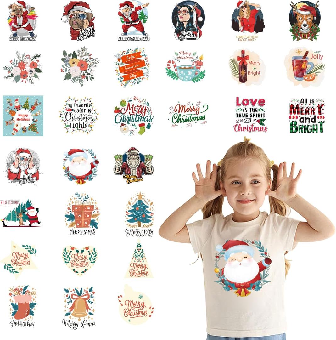 3 x Dtf Transfers Ready to Press - 30 Pcs Christmas Iron on Patches for T-Shirts, Christmas Decoration Heat Transfer Designs Vinyl Stickers, Iron on Decals for DIY Home Clothes Bags