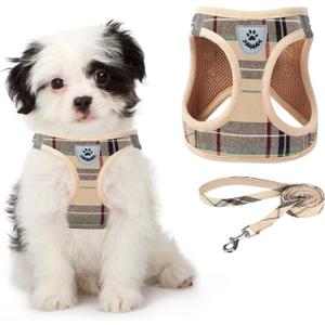 KOOLTAIL Dog Harness and Leash Set for Small Medium Dogs, Step in No Pull Soft Mesh Dog Harness Comfort Padded Pet Vest, Adjustable Reflective Easy Walking Puppy Cats Harnesses Training, Plaid Beige M (Medium (Pack of 1))