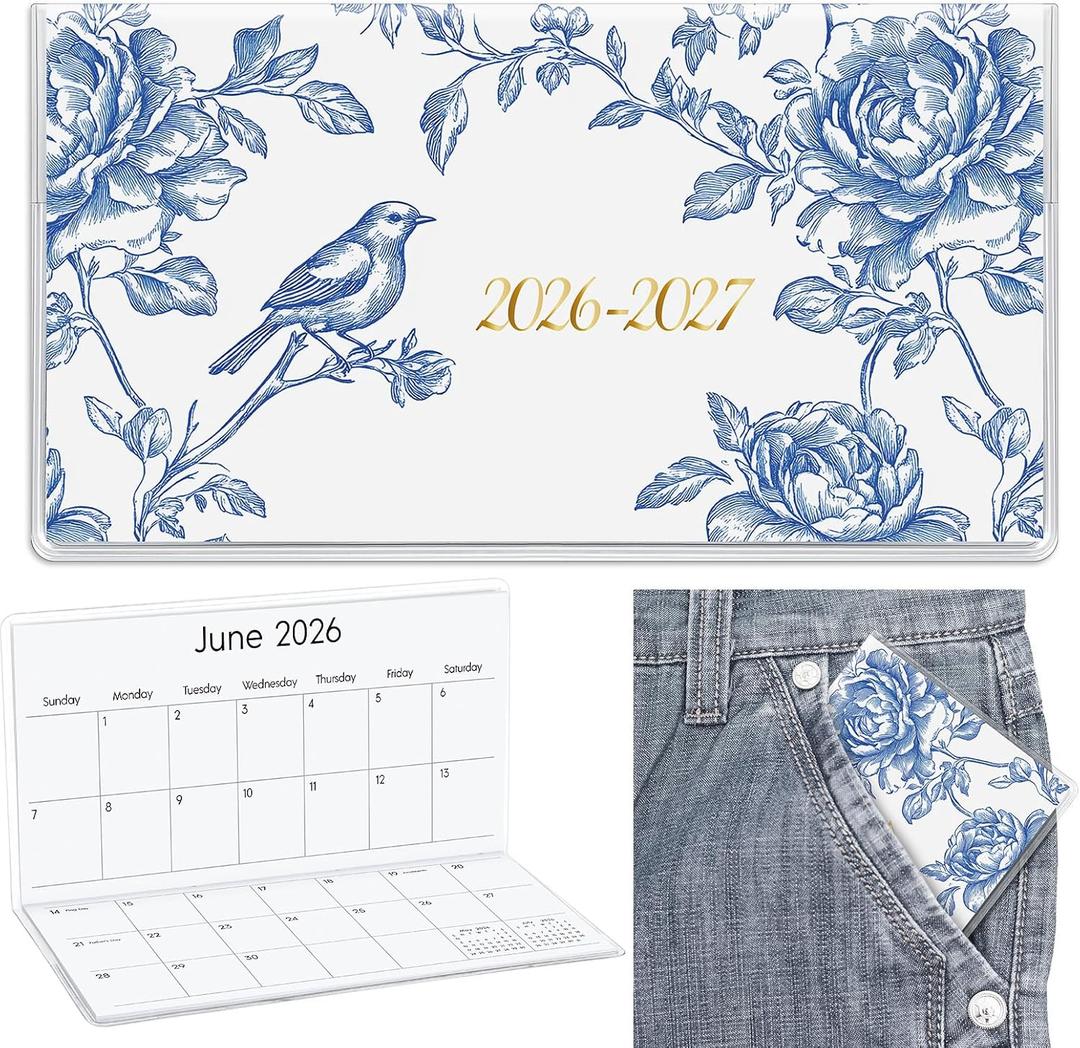 2 x ReliThick 7" x 6.5" 2026-2027 Pocket Calendar for Purse Small Monthly Planner Notebook PVC Cover Pocket Calendar Notepads Appreciation Present Gift for Women Mom Friend Teacher(Blue and White Floral)