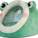 Jiupety Cute Cat Bed, Indoor Lovely Velvet Igloo for Cat, Warm Cave Sleeping Nest Bed for Puppy and Kitten, Green Frog, Size S