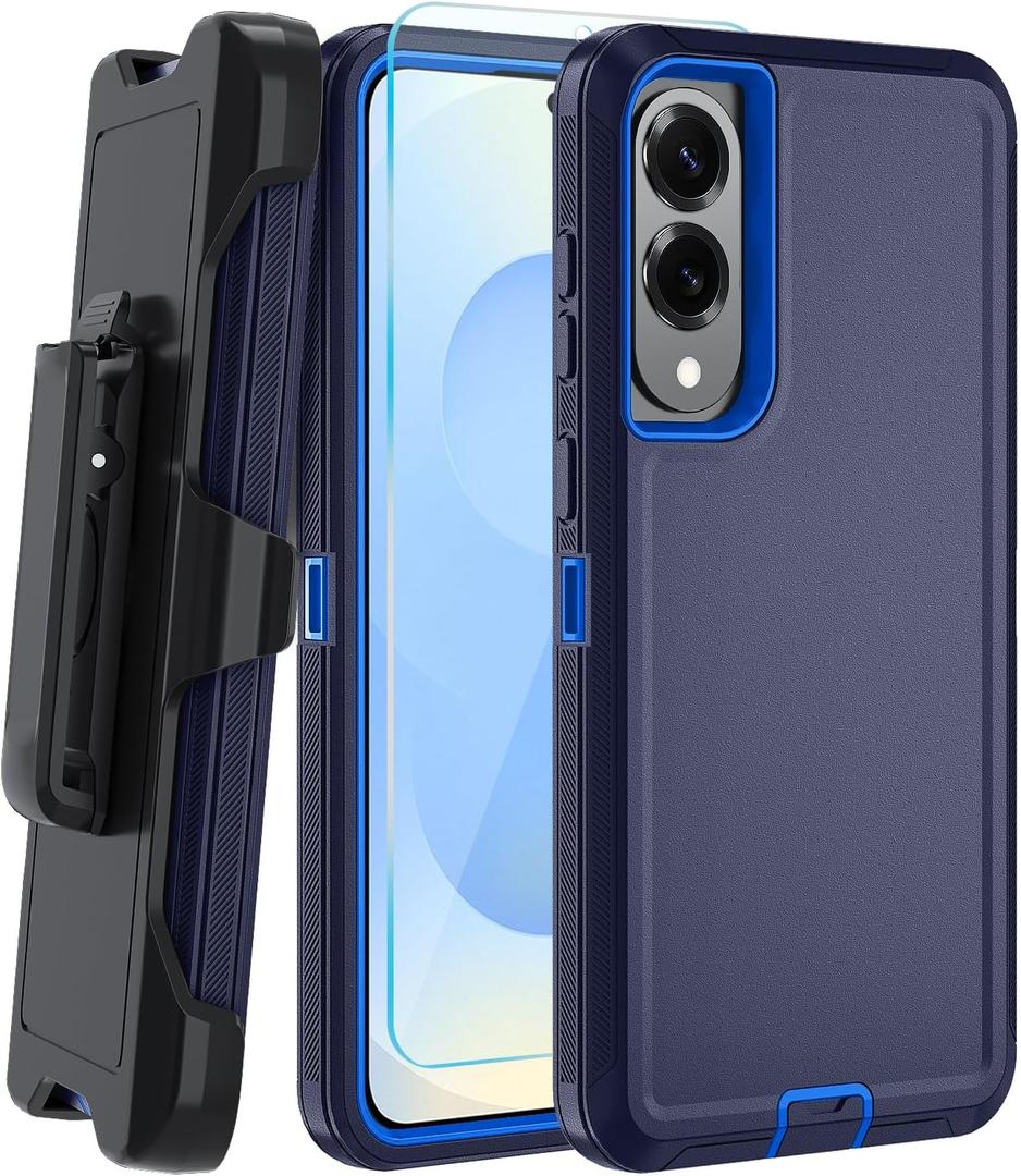 for Samsung S25 Edge Case with HD Tempered Glass Screen Protector, for Galaxy S25 Edge Heavy Duty Phone Case (with Belt Clip-Dark Blue)