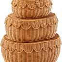 Juexica 3 Pcs Scalloped Rattan Baskets, Baby Diaper Caddy, Woven Rattan Wicker Storage Baskets with Lid for Nursery Storage Diaper Organizer Bathroom Decor (Dark Brown,Small,Medium,Large)