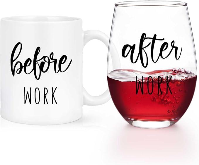 Futtumy Before Work After Work Gift Set 11oz Coffee Mug 17oz Stemless WineGlass 2oz Shot Glass Set for Boss Coworker Manger Leader Employee, Office Gifts Bosses Day Gifts Christmas Gift for Women