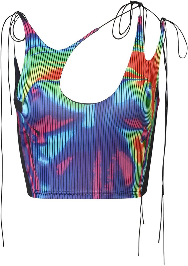 CAPE CLIQUE Y2K Tops Rave Outfits Sexy Tops for Women Party Club Night Halter Sleeveless 3D Body Print Summer Crop Tank Top (Large, Rainbow)