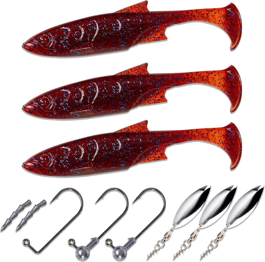 Paddle Tail Swimbaits Set, Ultra Soft PVCFreshwater & Saltwater Ready, Includes Hooks, Weight & Spinnerbait BladesFishing Gear for Bass and Predator Fish (4.33, Burgundy)