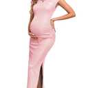 AISWI Women's Split Maternity Dress Fine Ribbed with Sparkly Gold Foil, Bodycon Ruched Pregnancy Dresses Baby Shower, Pink, Medium M
