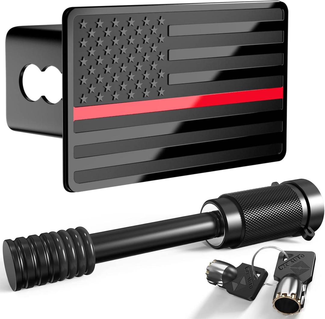 Heavy American Flag Metal Trailer Hitch Covers for 2 inch Receivers,Tow Hitch Covers 2 Inch for Truck Accessories (with 5/8-Inch Pin Diameter Trailer Hitch Lock,Thin Red Line)