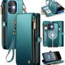 Defencase for iPhone 12/ Pro Magnetic Wallet Case Compatible with Magsafe with RFID Blocking Zipper Strap Card Holder for Women, PU Leather Detachable Case for iPhone 12 & 12 Pro 6.1 inch, Blue Green