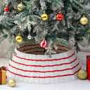 Hungdao 26" Natural Woven Christmas Tree Collar - Red and White Stripes Farmhouse Ring - Rattan Skirt for Artificial Tree Decorations