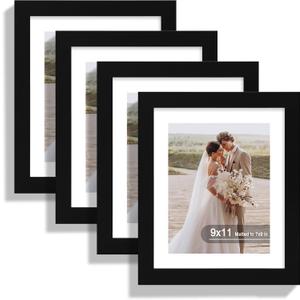 Hongkee 9x11 Picture Frame Set of 4, Made of Real Glass and Black Frame - Display Picture 7x9 with Mat or 9x11 Without Mat, 9 by 11 Photo for Wall or Tabletop