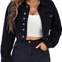 EMMIOL Cropped Denim Jacket for Women Vintage, Oversized Jean Jacket Distressed Dark Wash, Baggy Short Coat (Medium, Black)