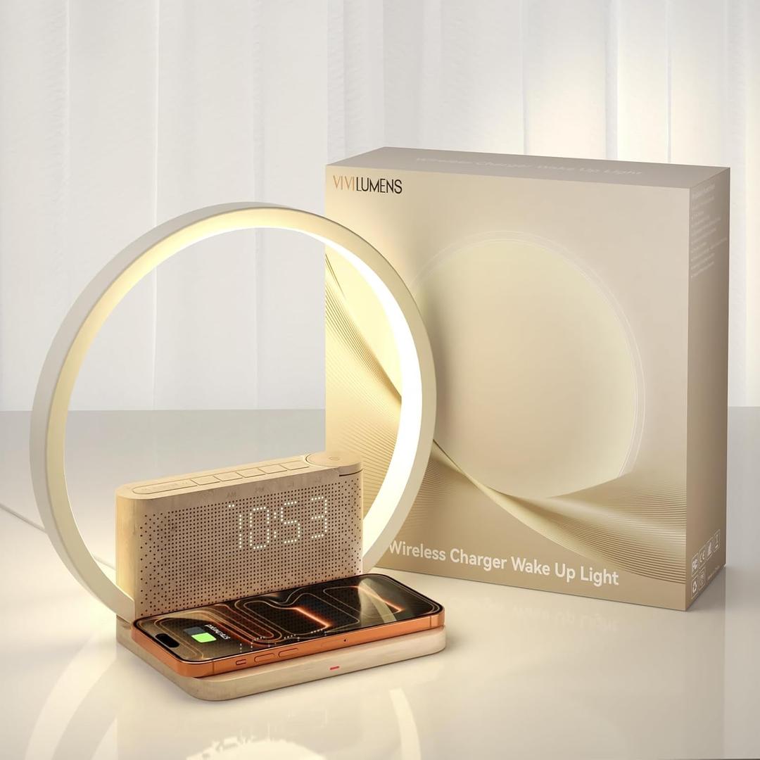 Vivilumens Sunrise Alarm Clock Wireless Charger, 10 White Noise Sound Machine Alarm Clock with 30/60/90 Mins Timer, 3 Levels Touch Night Light Dual Clocks for Heavy Sleeper Bedroom Decor Gift for Her