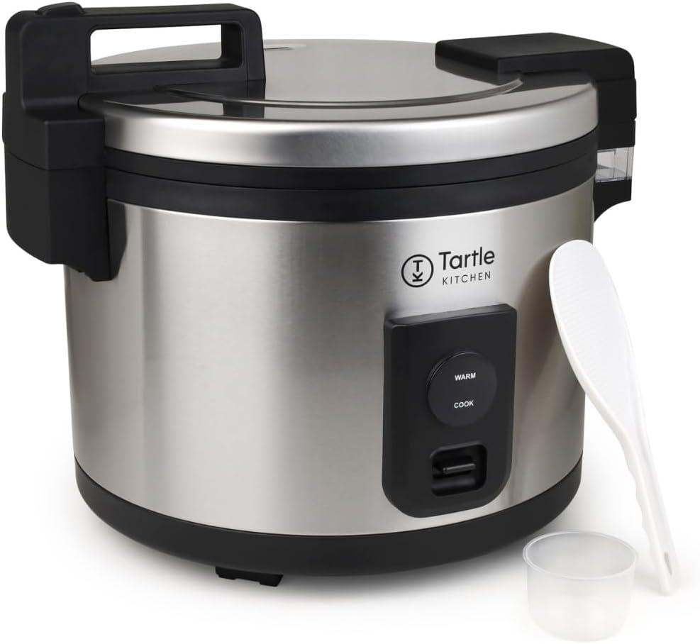 Commercial Stainless Steel Rice Cooker - Professional 64 Cup Cooked (32 Cup Uncooked) Rice Maker Cooker With Non Stick Pot & Hinged Lid - Includes a Rice Measuring Cup & Rice Scoop