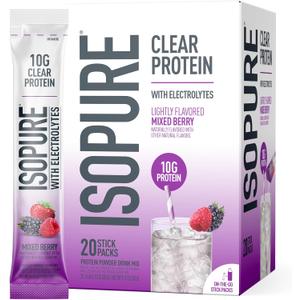 Isopure Clear Protein Stick Pack, Mixed Berry, 20 Count (Pack of 1) | On-The-Go Single Serve Packet, 10g Ultra-Filtered Whey Protein Isolate, Convenient Travel-Friendly Format (BBD 11/01/27)